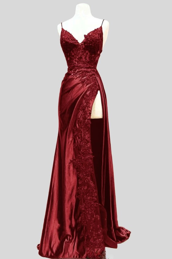 Pretty Sheath Straps Sleeveless Burgundy Long Slit Slit Prom Dresses Evening Dress With Lace