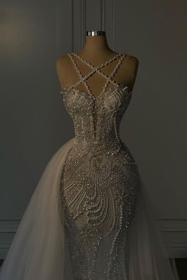 Romantic Wedding Dress Long Mermaid V Neck Spaghetti Strap With Beadings