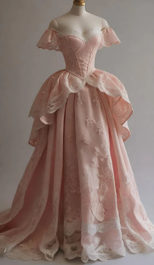 Gorgeous Ball Gown Off The Shoulder Pink Satin Lace Long Prom Dresses Evening Dress