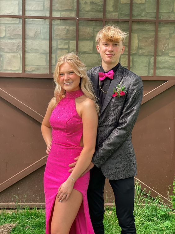 Beaded Slit Sheath Prom Dress Hot Pink Long Evening Dress