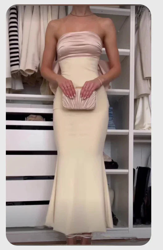 Elegant Mermaid Strapless Long Satin Prom Dresses Evening Dress