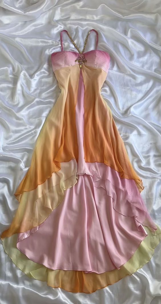 Elegant High Low Spaghetti Straps Ombre Chiffon Long Prom Dress