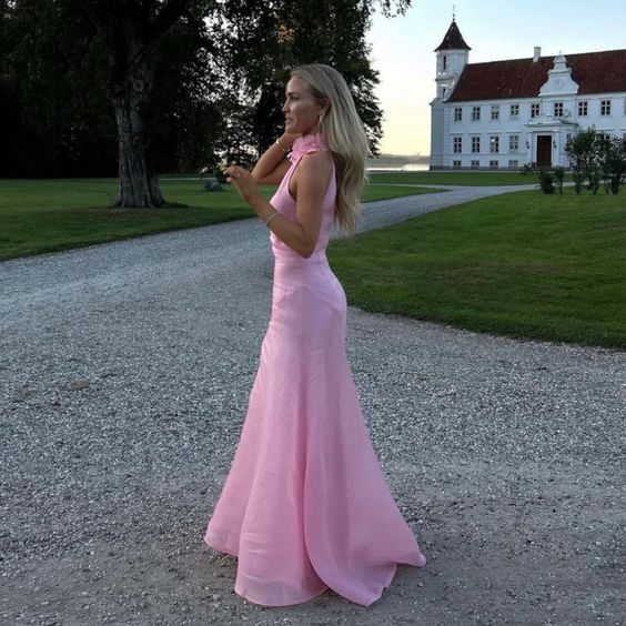 Gorgeous Mermaid High Neckline Pink Slit Tulle Long Prom Dresses Evening Dress
