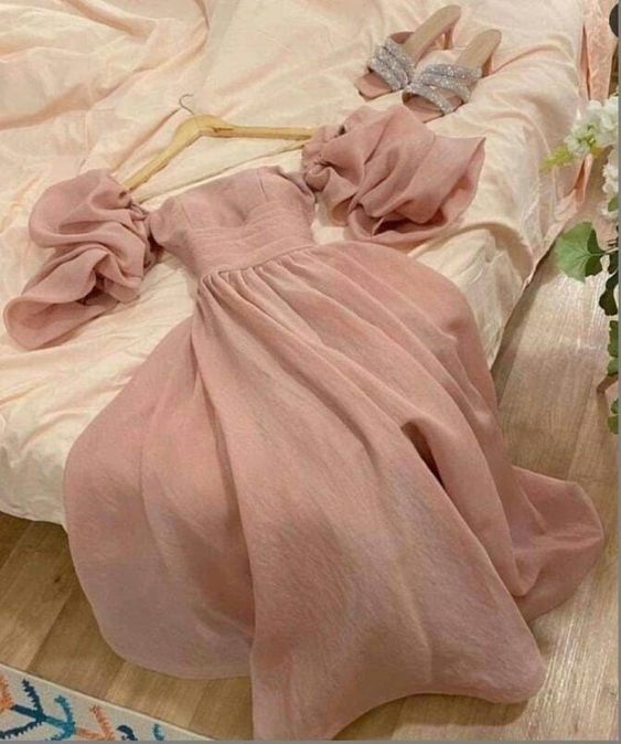 Modest A Line Off The Shoulder Pink Organza Long Prom Dresses Evening Dress