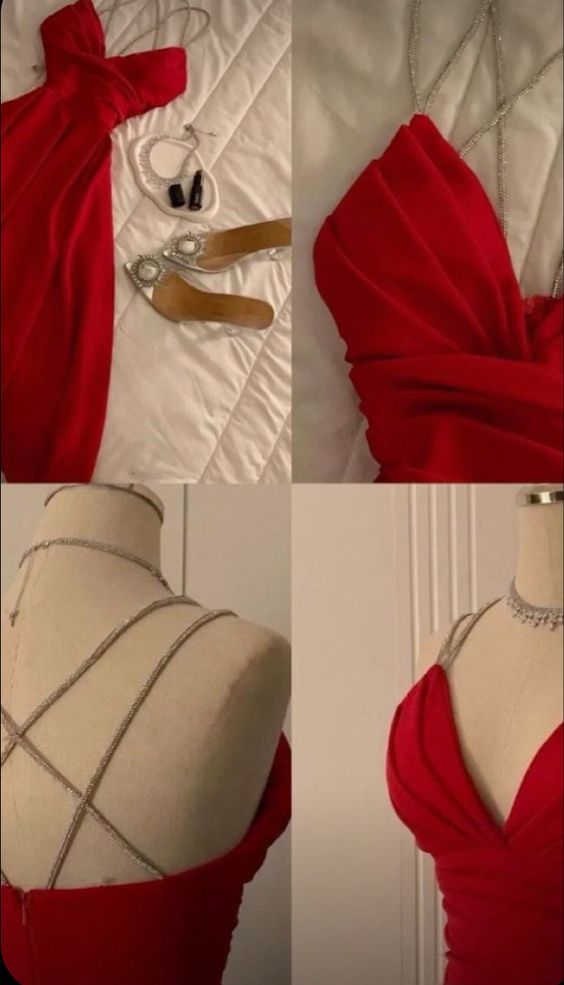 Modest A Line Spaghetti Straps Red Prom Dresses Evening Dress