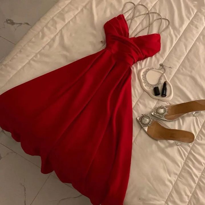 Modest A Line Spaghetti Straps Red Prom Dresses Evening Dress