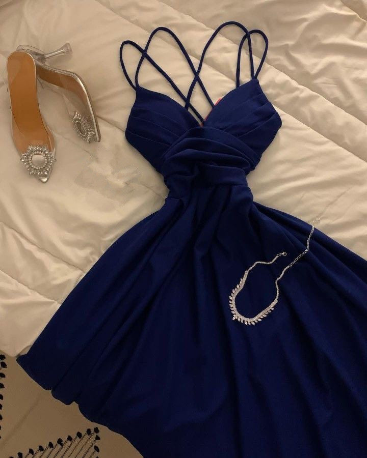 Modest A Line Spaghetti Straps Royal Blue Prom Dresses Evening Dress
