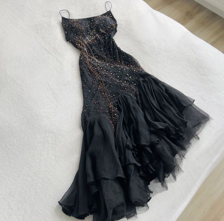 Vintage Mermaid Spaghetti Straps Black Tulle Long Prom Dresses Evening Dress