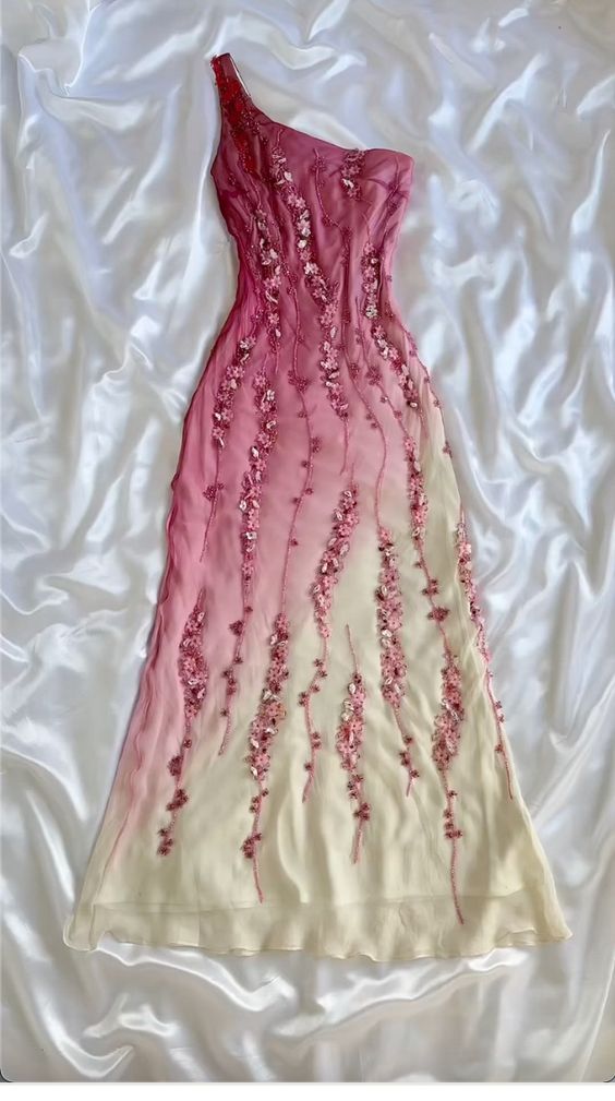 Vintage Sheath One Shoulder Chiffon Ombre Pink Floor Length Prom Dresses Evening Dress
