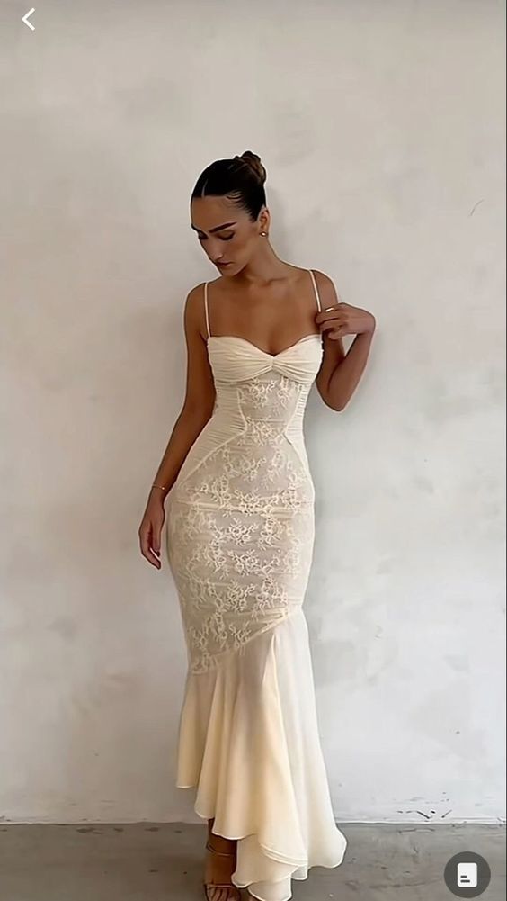 Vintage Mermaid Spaghetti Straps Ivory Lace Floor Length Prom Dresses Chiffon Evening Dress
