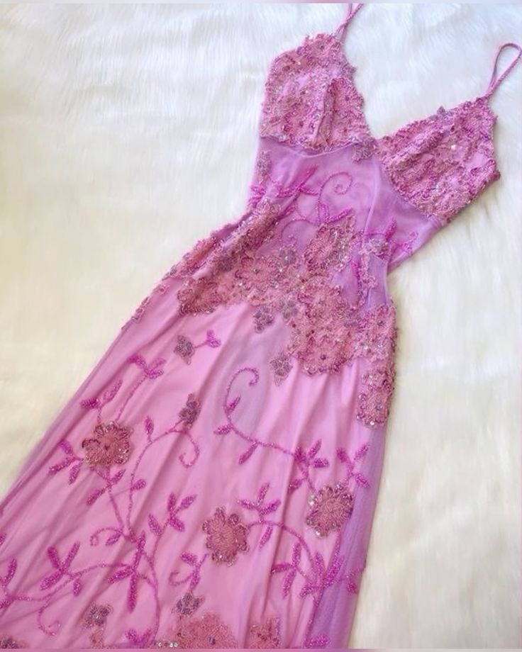 Vintage A Line Spaghetti Straps Pink Lace Floor Length Prom Dresses Beads Evening Dress