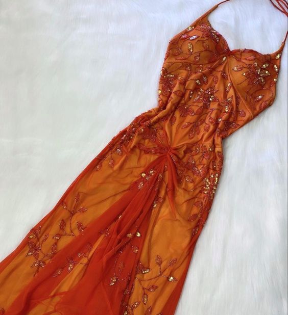 Vintage A Line Halter Long Prom Dresses Orange Evening Dress With Beads