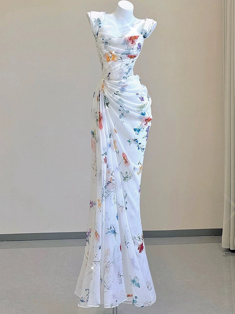 Vintage Sheath Square Neckline Long Prom Dresses White Floral Evening Dress With Ruffles