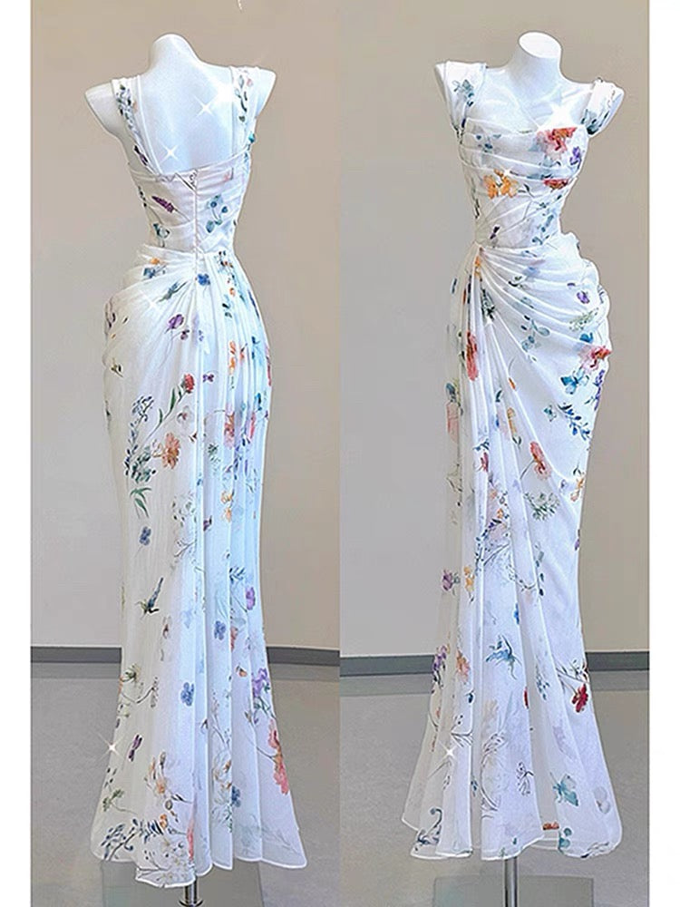 Vintage Sheath Square Neckline Long Prom Dresses White Floral Evening Dress With Ruffles