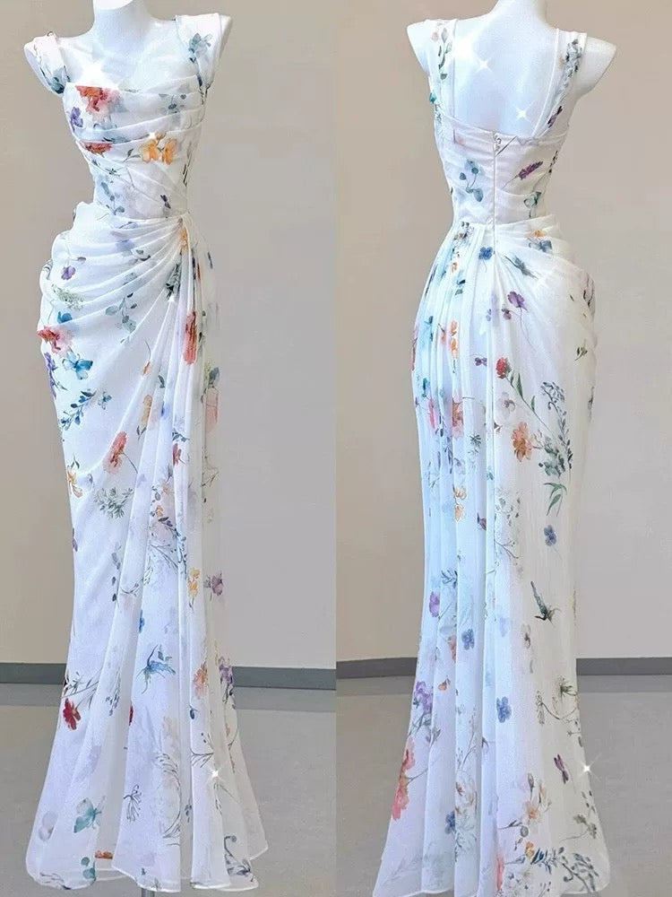 Vintage Sheath Square Neckline Long Prom Dresses White Floral Evening Dress With Ruffles