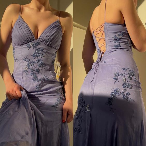 Fairy Mermaid Purple Spaghetti Straps Appliques Chiffon Prom Dresses