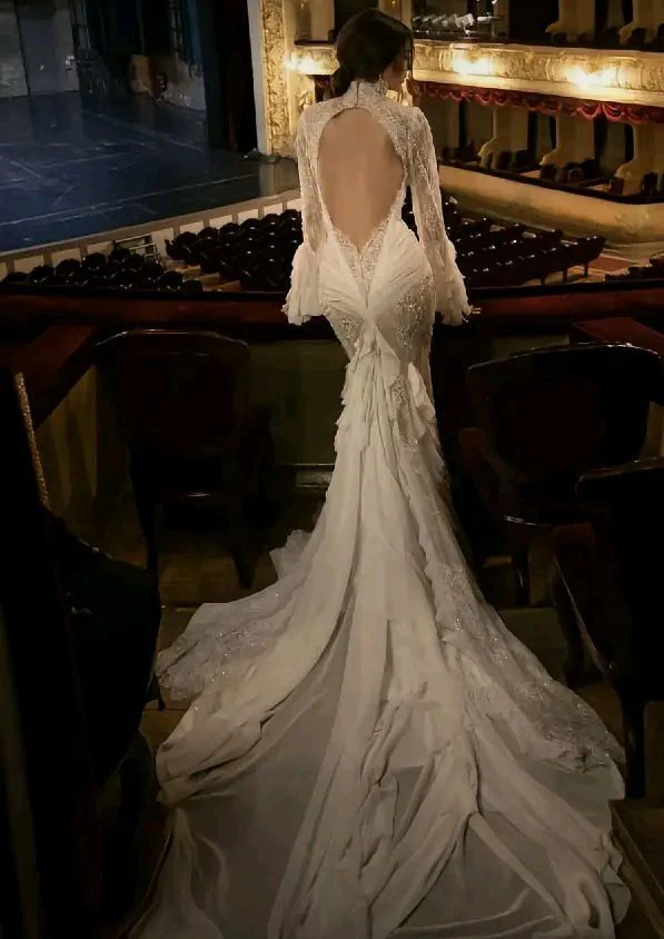 Fairytale Mermaid High Neckline With Long Sleeves Lace Wedding Dress
