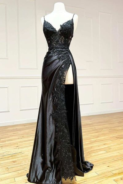 Pretty V Neck Satin Lace Long Prom Dress, Elegant Lace Long Evening Dress