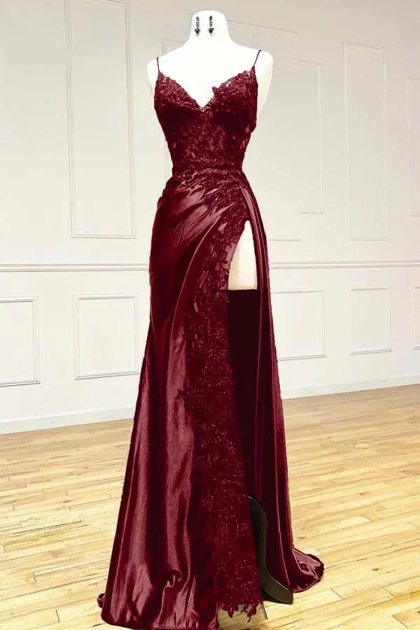 Pretty V Neck Satin Lace Long Prom Dress, Elegant Lace Long Evening Dress