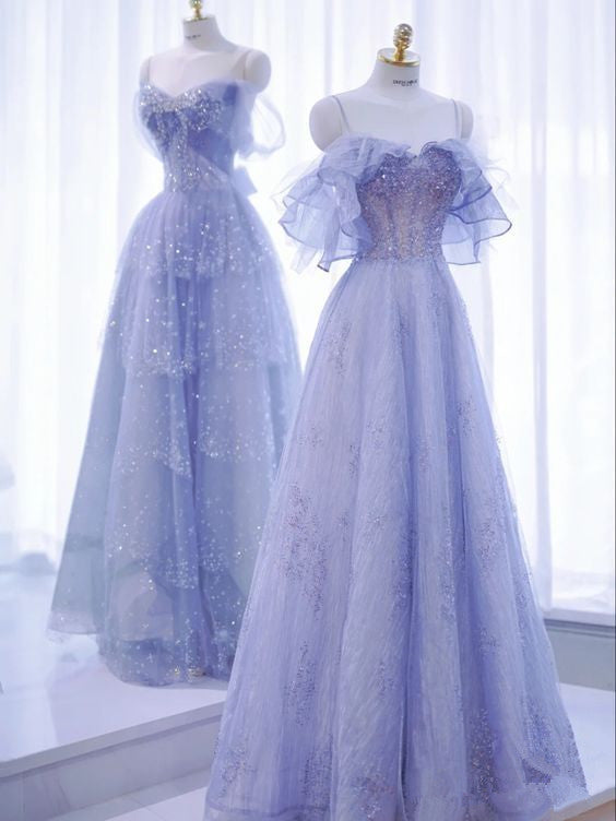 Elegant A Line Strapless Lilac Tulle Long Prom Dresses Evening Dress