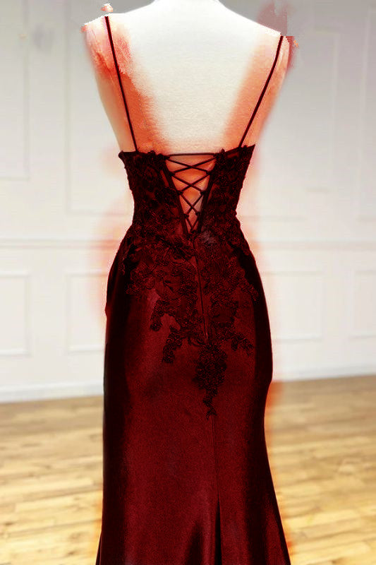 Elegant Mermaid Spaghetti Straps Burgundy Satin Long Prom Dresses Beads Party Dress