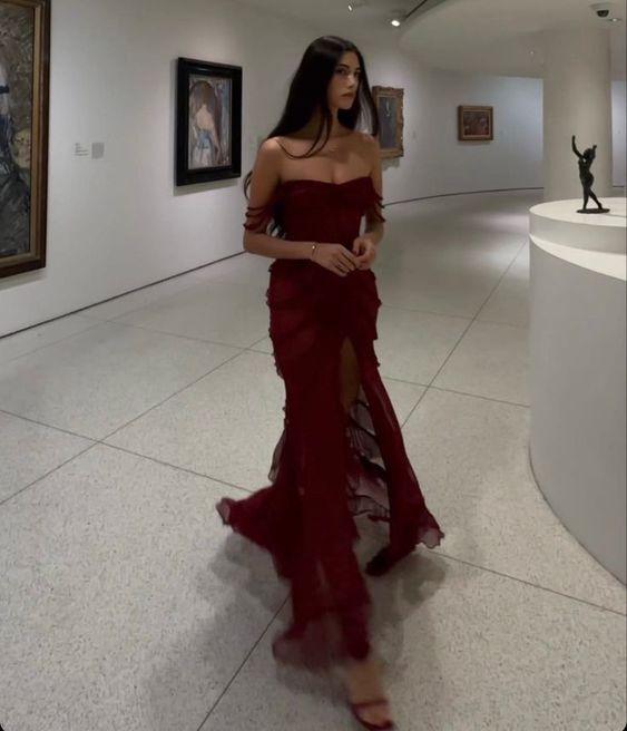 Burgundy Chiffon Slit Formal Evening Gown, Long Party Prom Dress