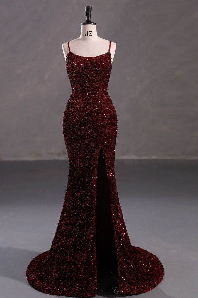 Elegant Mermaid Spaghetti Straps Burgundy Sequin Backless Long Prom Dresses Party Dress