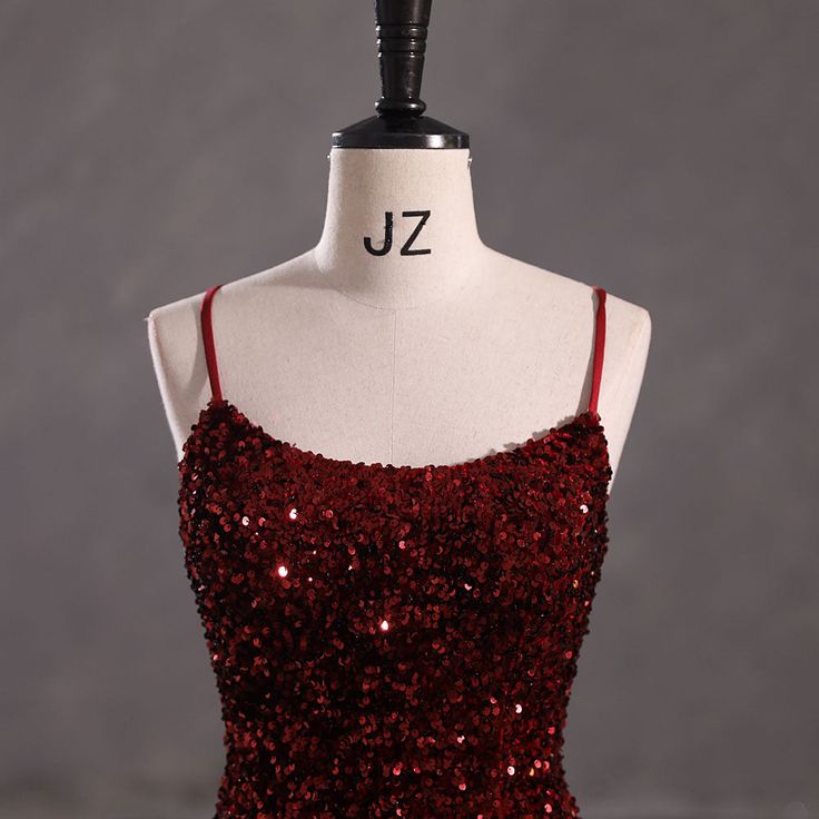 Elegant Mermaid Spaghetti Straps Burgundy Sequin Backless Long Prom Dresses Party Dress