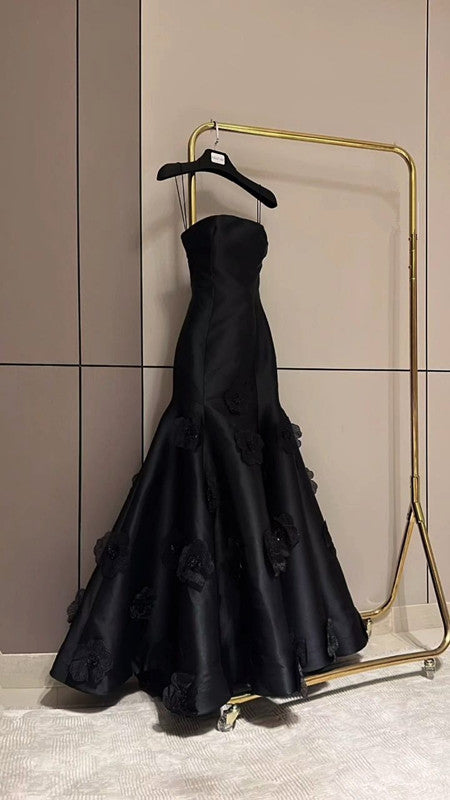 Classy Mermaid Strapless Sleeveless Satin Black Long Prom Dresses Evening Dress
