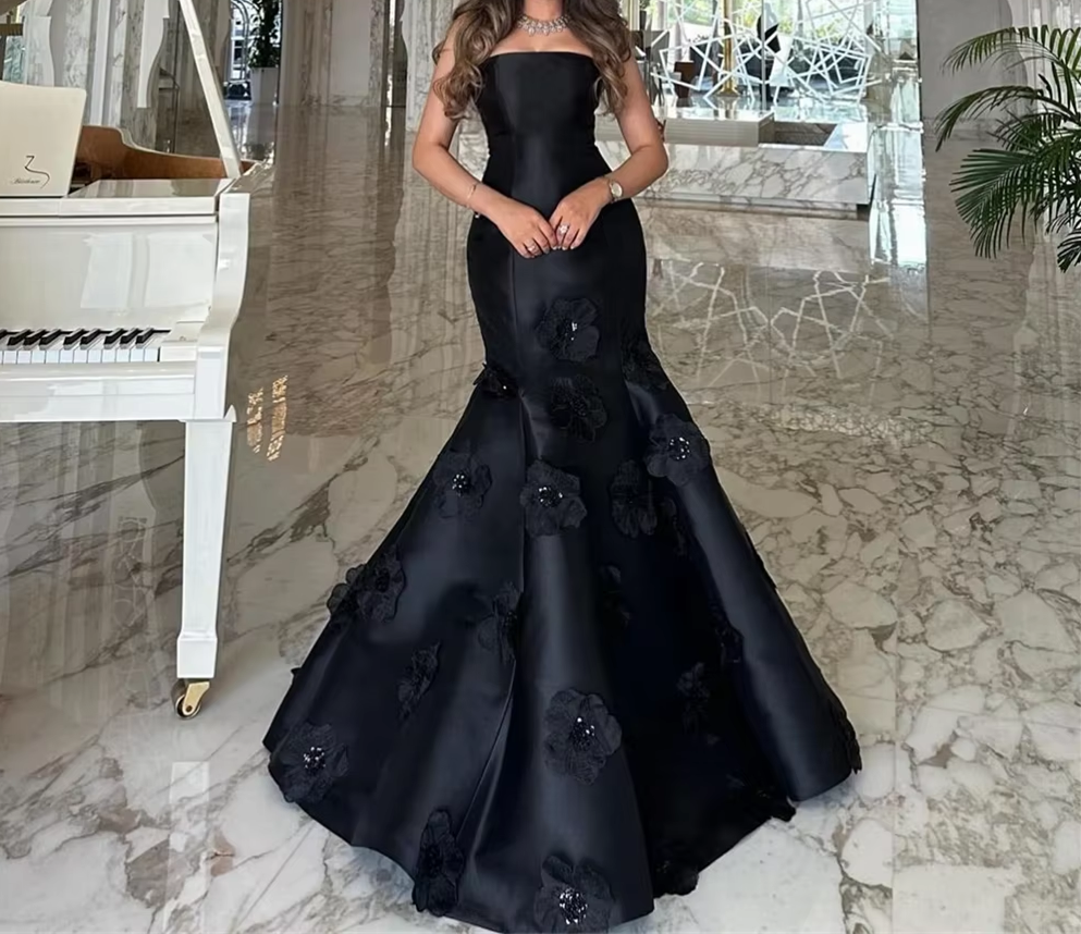 Classy Mermaid Strapless Sleeveless Satin Black Long Prom Dresses Evening Dress