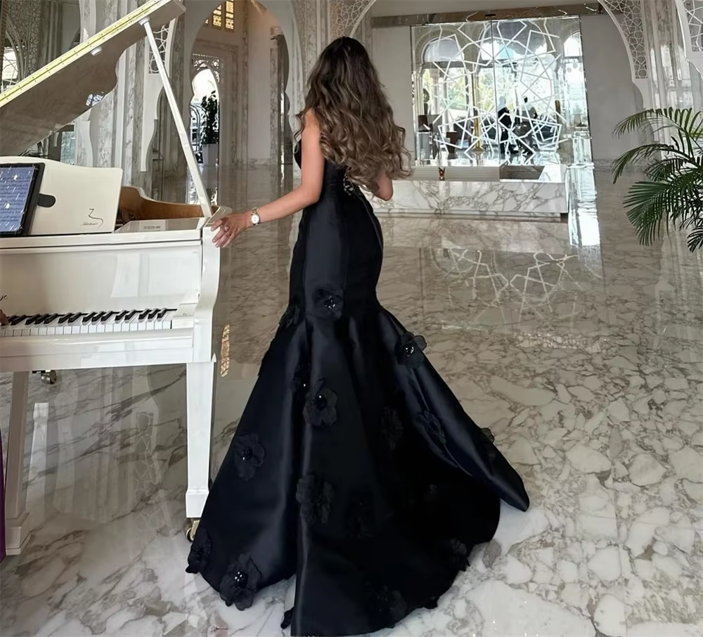 Classy Mermaid Strapless Sleeveless Satin Black Long Prom Dresses Evening Dress