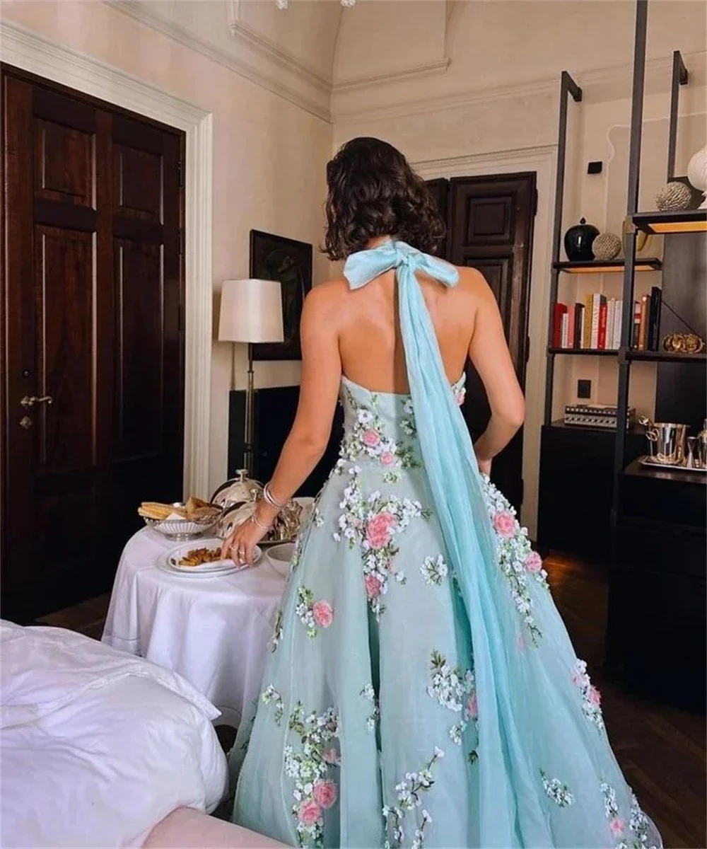 Classy Ball Gown Halter Light Blue Tulle Lace Prom Dresses Evening Dress