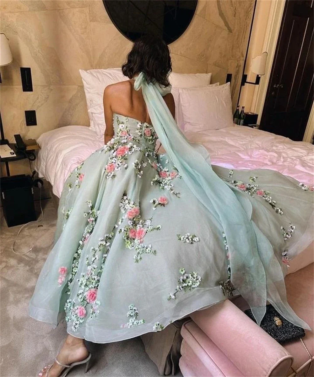 Classy Ball Gown Halter Light Blue Tulle Lace Prom Dresses Evening Dress