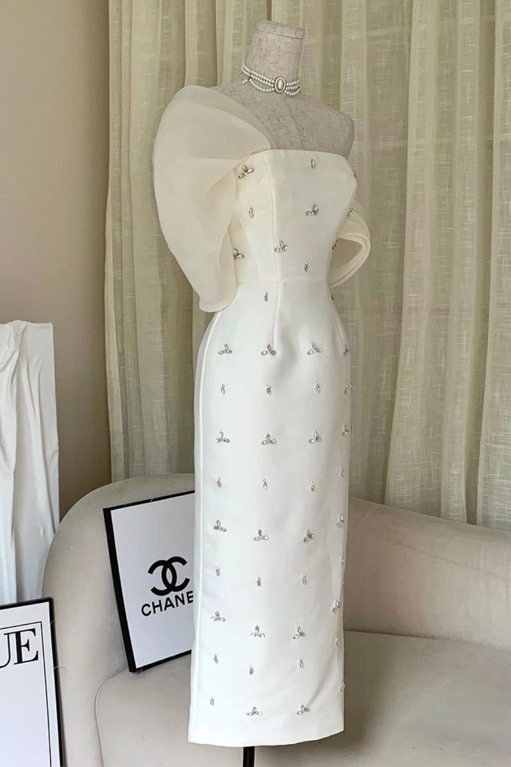 Classy Sheath Strapless White Satin Beads Prom Dresses Evening Dress