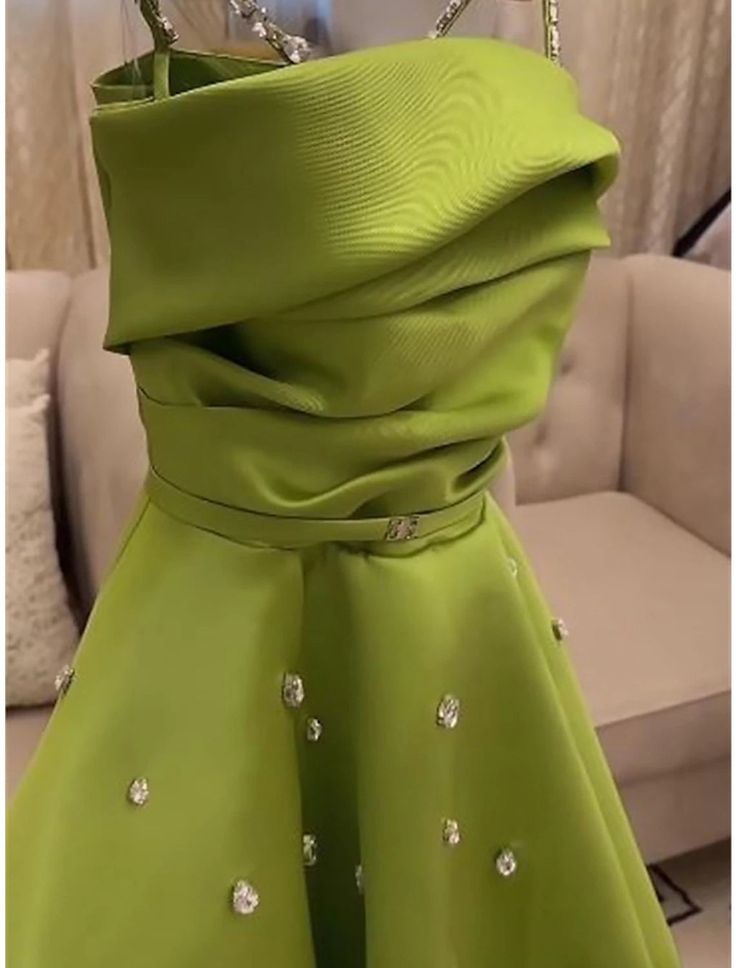 Classy A Line Spaghetti Straps Bud Green Satin Beads Prom Dresses Evening Dress