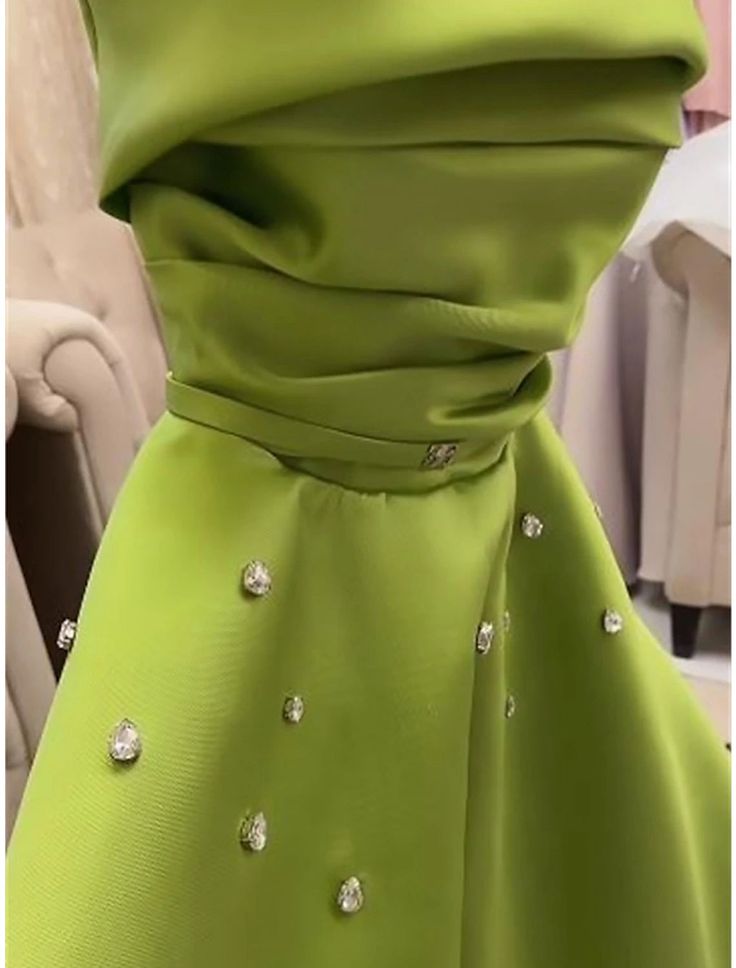 Classy A Line Spaghetti Straps Bud Green Satin Beads Prom Dresses Evening Dress