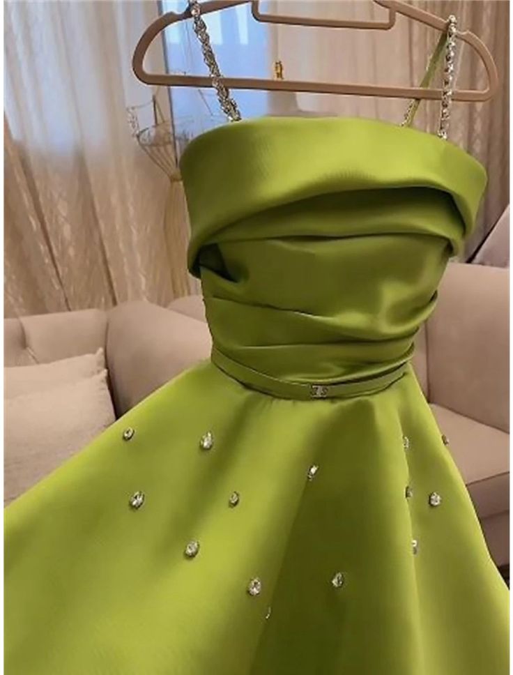 Classy A Line Spaghetti Straps Bud Green Satin Beads Prom Dresses Evening Dress