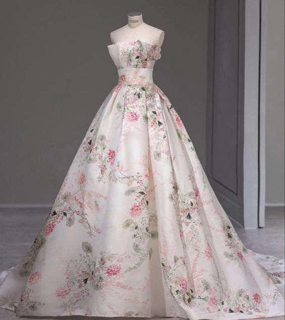 Pretty Ball Gown Strapless Tulle Long Floral Pink Floor Length Prom Dresses Sweet 16 Dresses