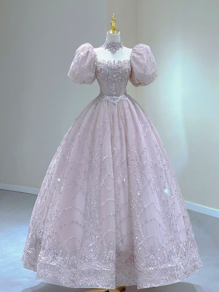 Elegant Ball Gown Square Neckline Short Puffy Sleeves Pink Beads Long Prom Dresses Evening Dress