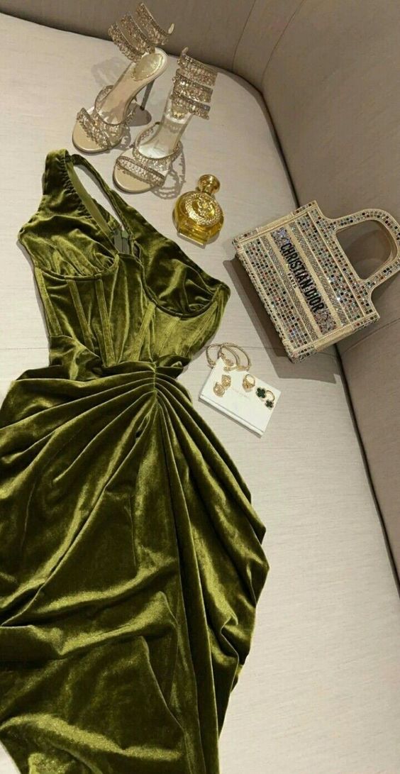 Classy Sheath One Shoulder Olive Green Velvet Prom Dresses Evening Dress