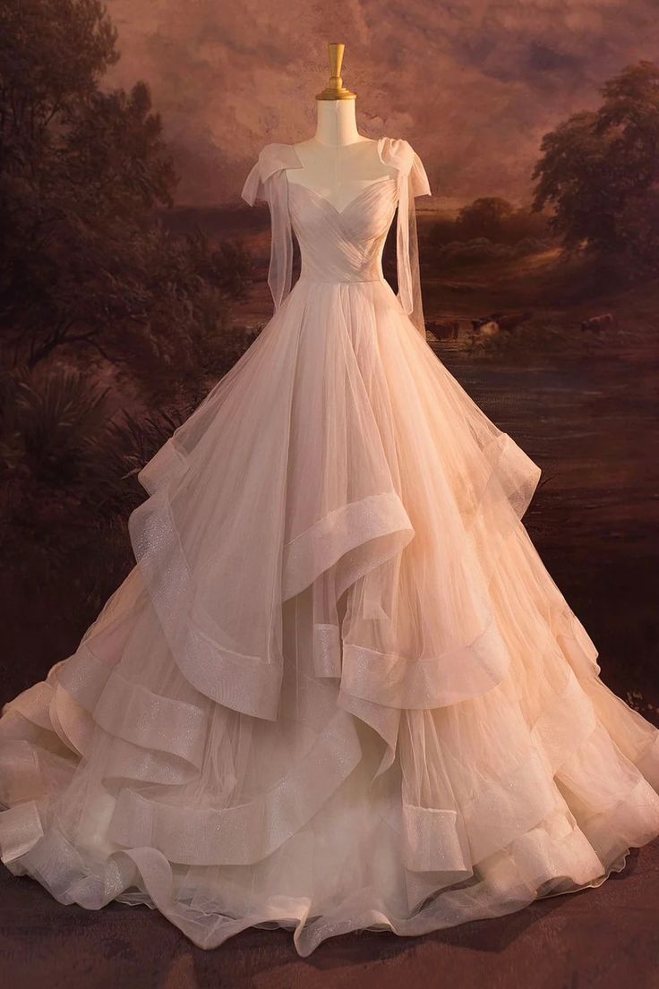 Elegant V-Neck Tulle Long Ball Gown Wedding Dress