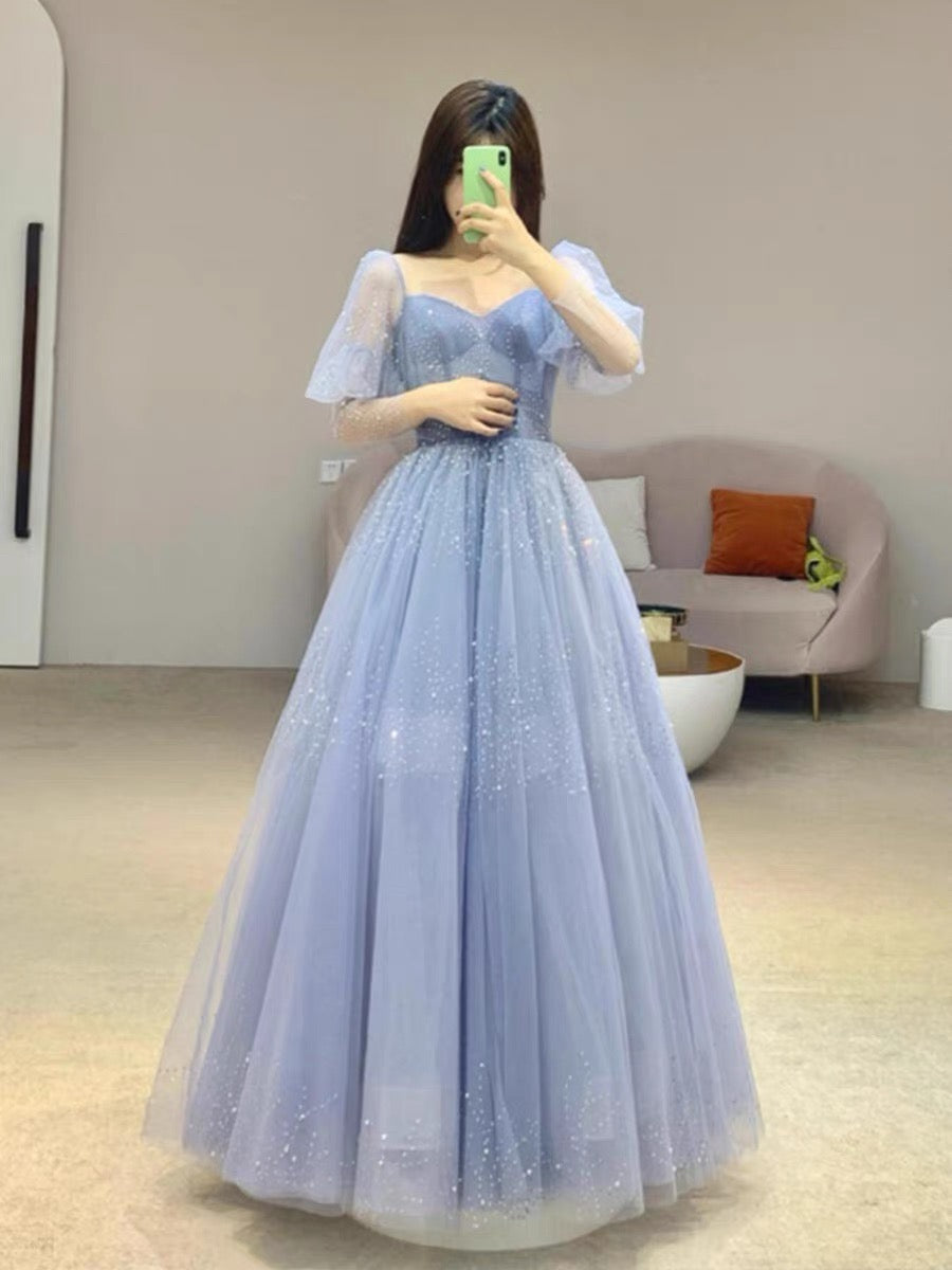 Chic Ball Gown Strapless Blue Tulle Long Prom Dresses With Beads Party Dress