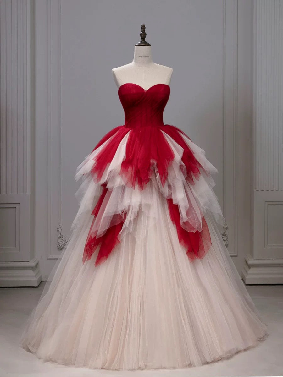 Pretty Ball Gown Sweetheart Tulle Long Red Layers Prom Dresses Sweet 16 Dresses