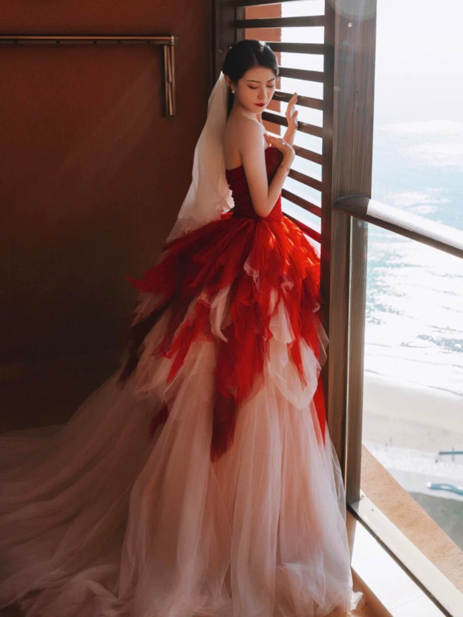 Pretty Ball Gown Sweetheart Tulle Long Red Layers Prom Dresses Sweet 16 Dresses