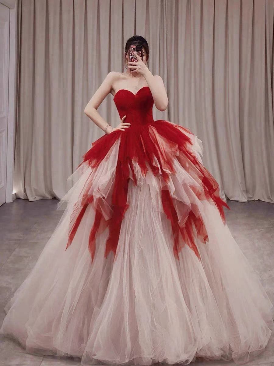 Pretty Ball Gown Sweetheart Tulle Long Red Layers Prom Dresses Sweet 16 Dresses