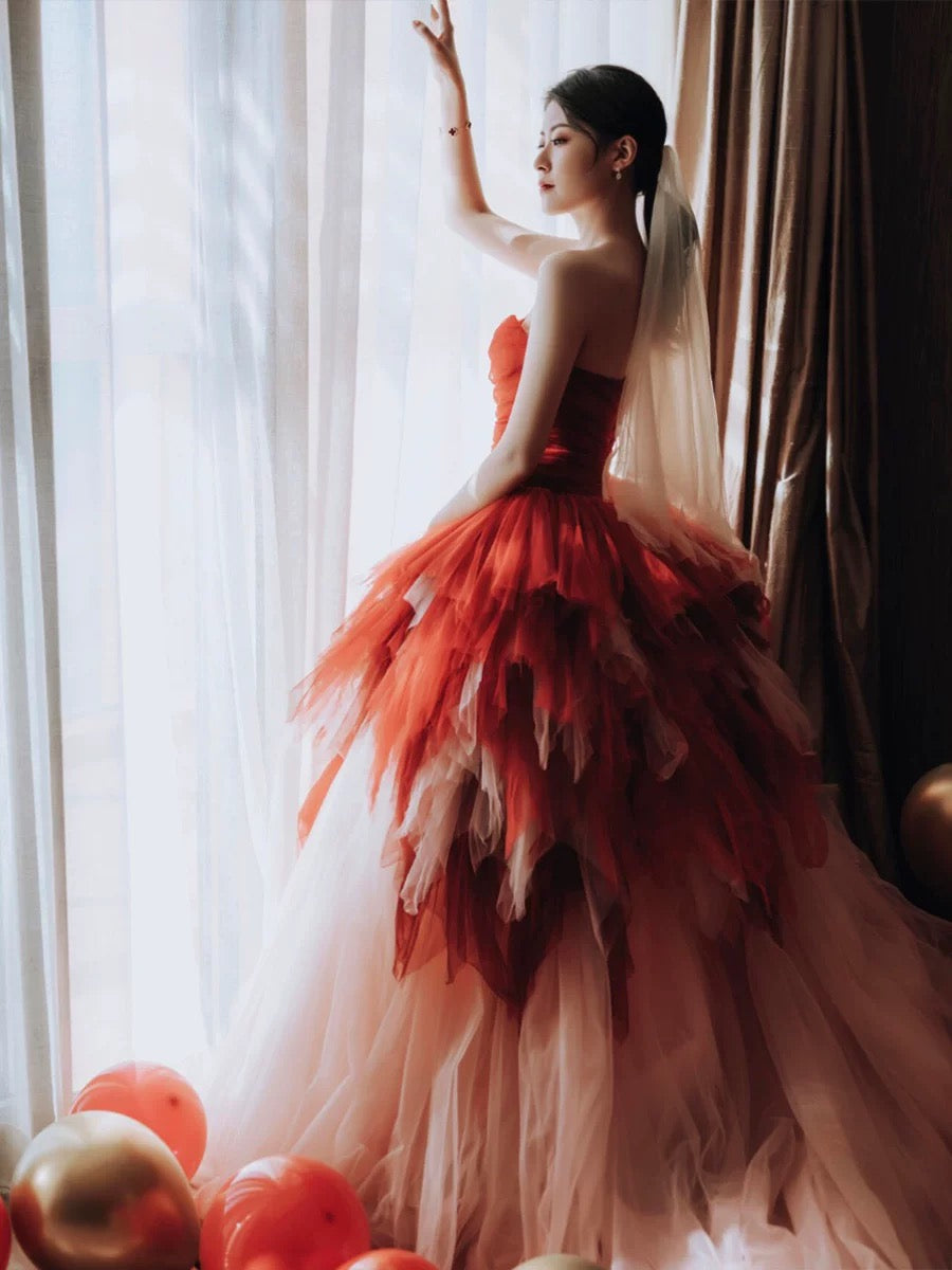 Pretty Ball Gown Sweetheart Tulle Long Red Layers Prom Dresses Sweet 16 Dresses