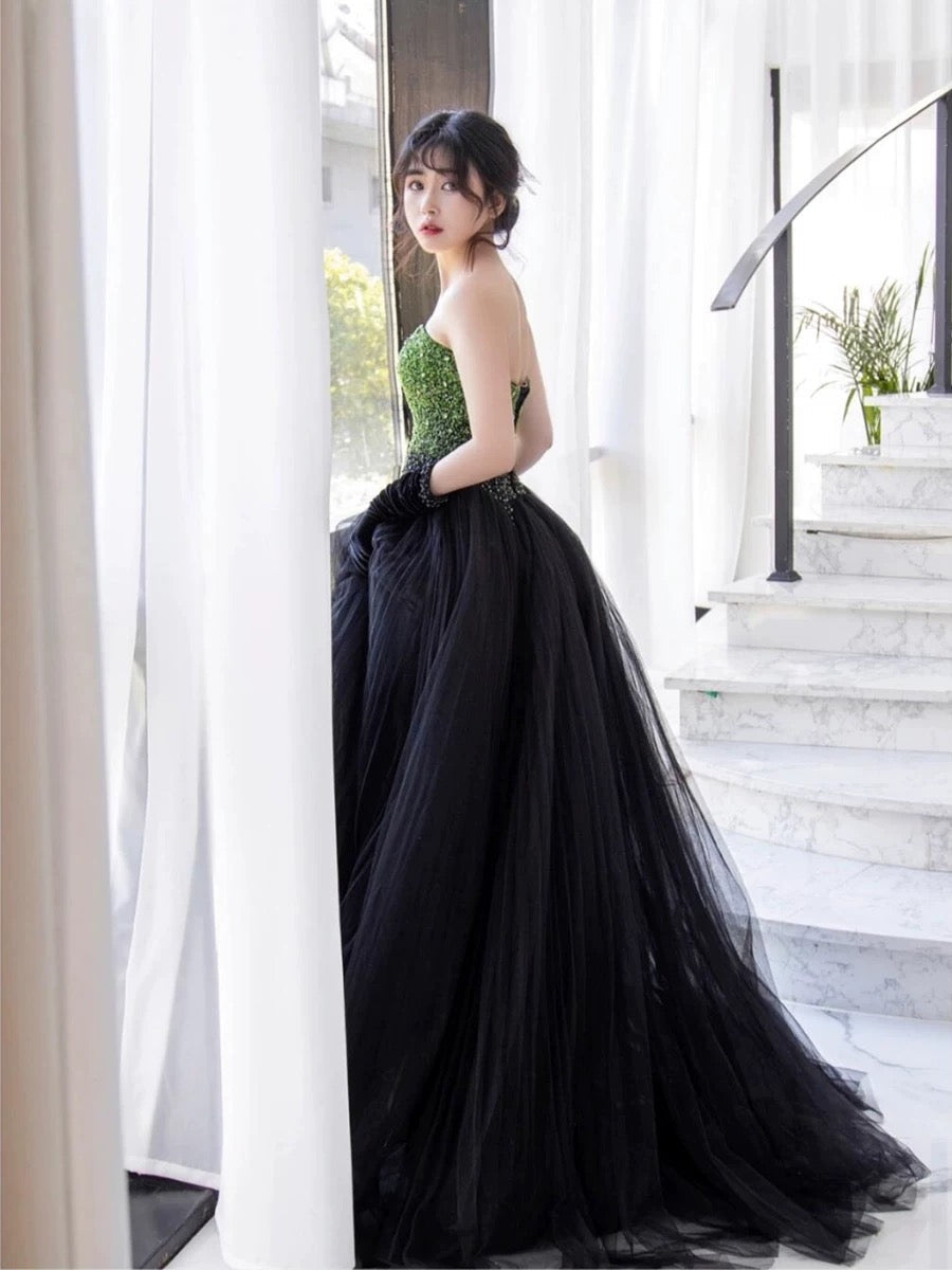 Pretty Ball Gown Sweetheart Tulle Long Black Ruffles Prom Dresses Sweet 16 Dresses