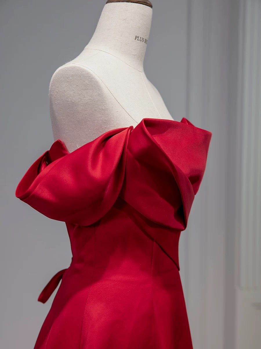 Elegant A line Off The Shoulder Red Satin Party Dress Prom Dresses Evening Dress