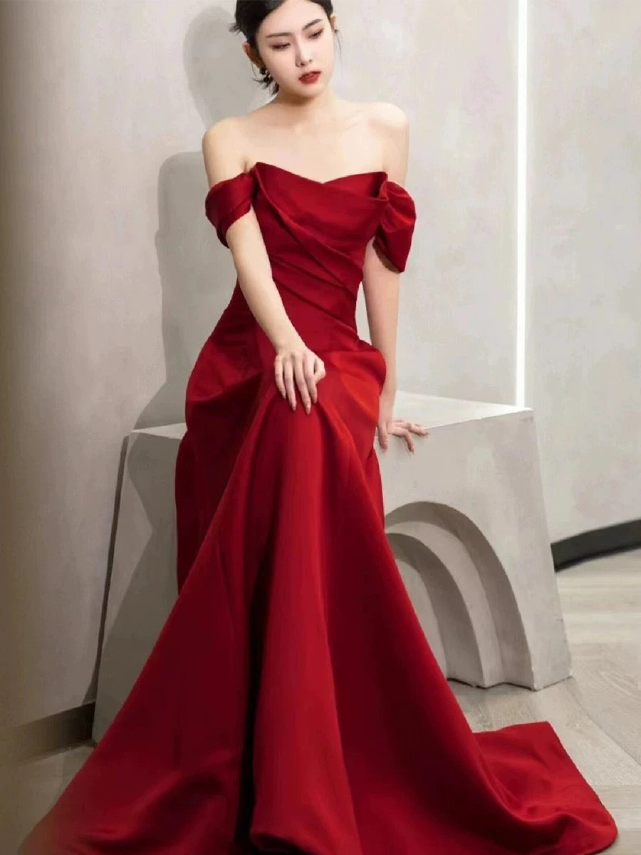 Elegant A line Off The Shoulder Red Satin Party Dress Prom Dresses Evening Dress