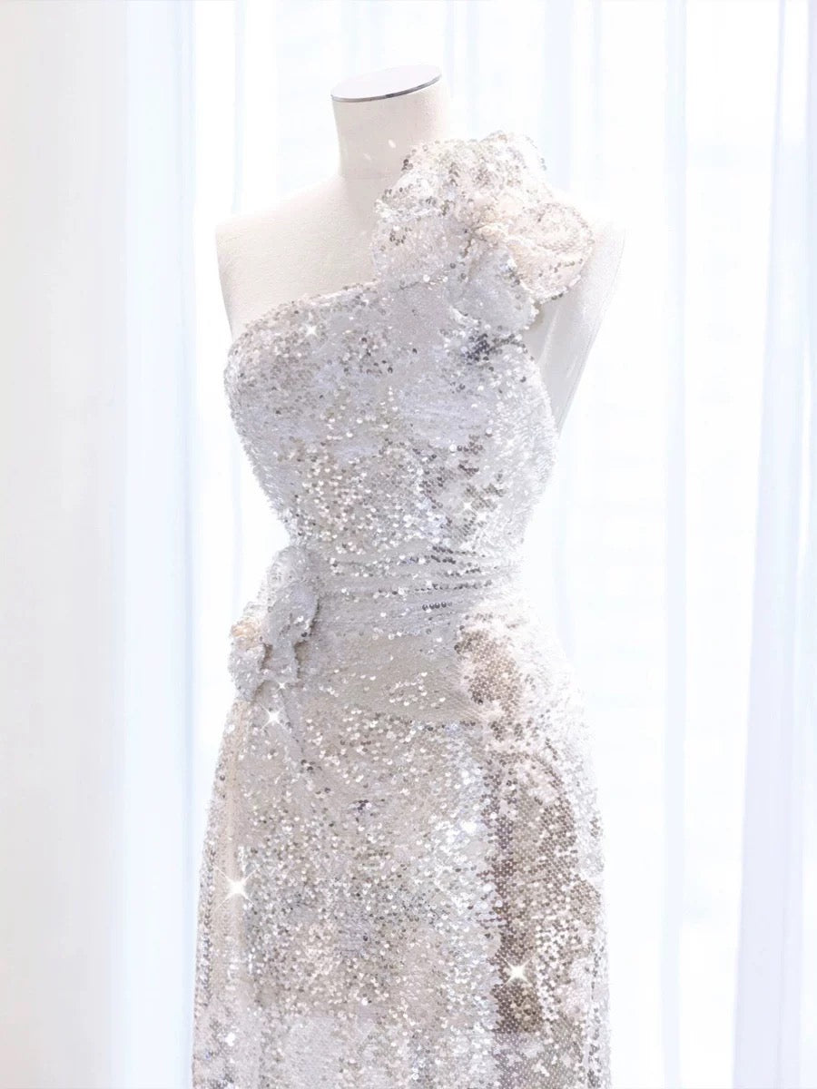 Elegant A Line One Shoulder Silver Sequin Party Dress Prom Dresses Evening Dress